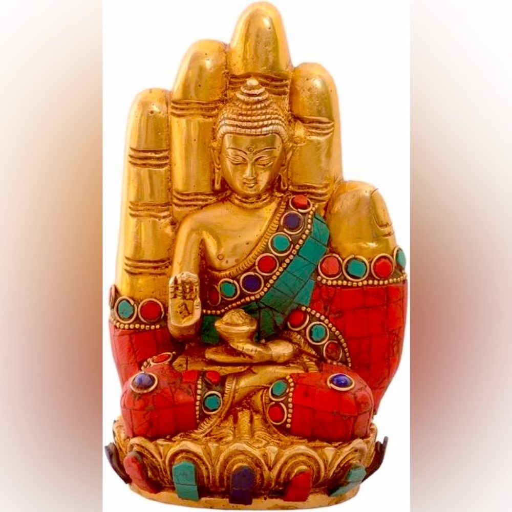 Rare Lord Buddha Statue in Solid Brass Metal with Turquoise Gem-Stone Work